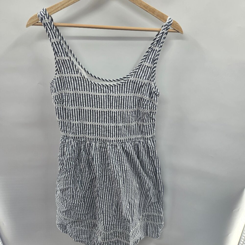 Old Navy Blue White Seersucker Striped 100% Cotton Zipper Mini Dress Medium